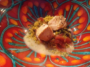 The winner dish: amberjack, onions, Marsala, fennel pesto, pistachio and lemon, almond milk and coffee powder.